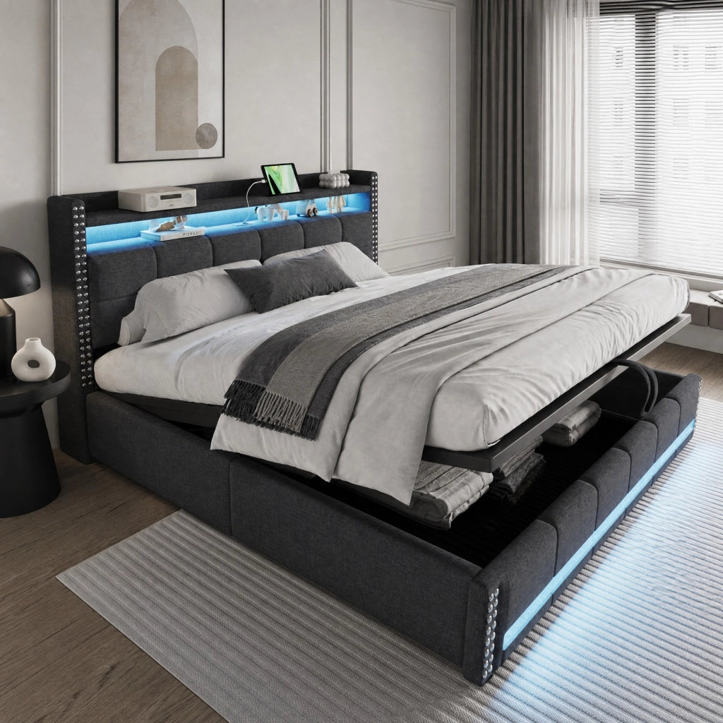 Letto matrimoniale 180x200 cm con contenitore idraulico, LED e USB in tessuto di lino grigio