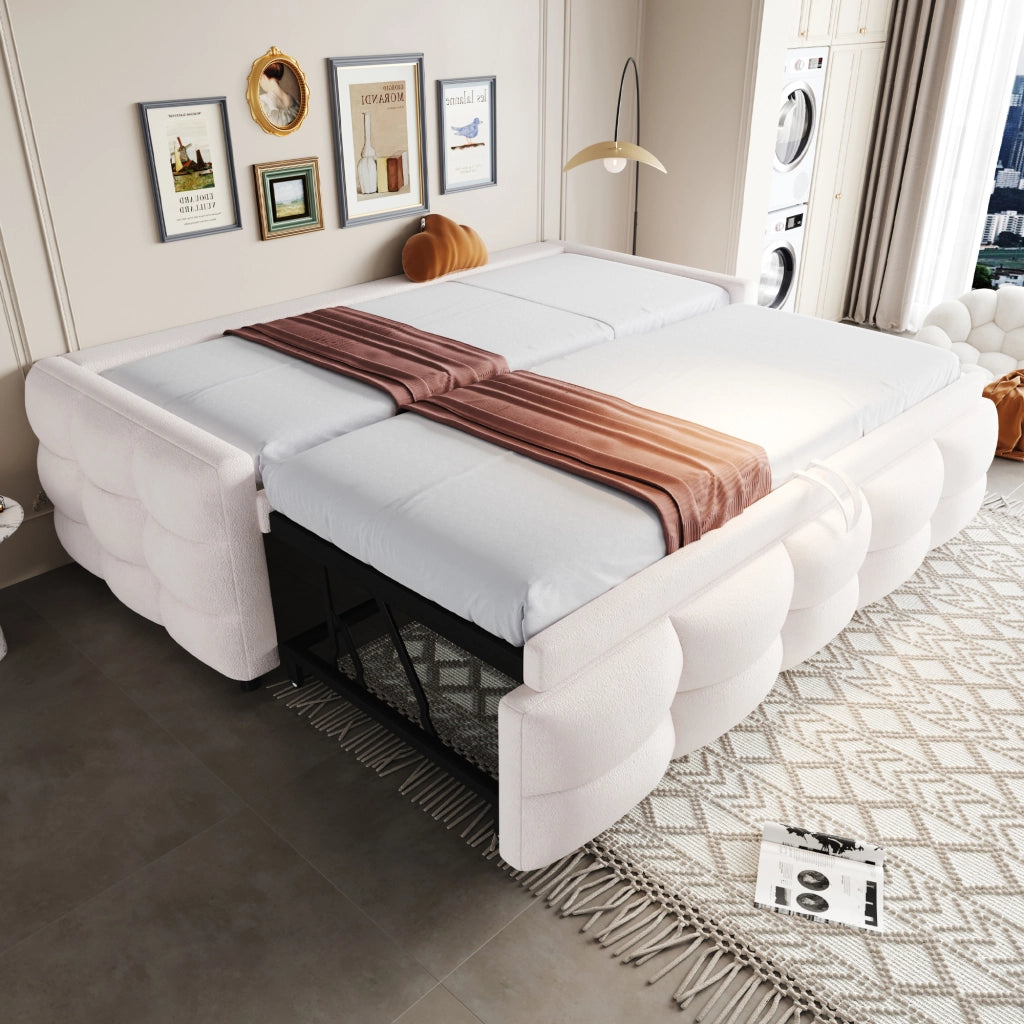 Letto imbottito estraibile 90/180 x 190 cm con rete a doghe; tessuto teddy beige; divano letto salvaspazio