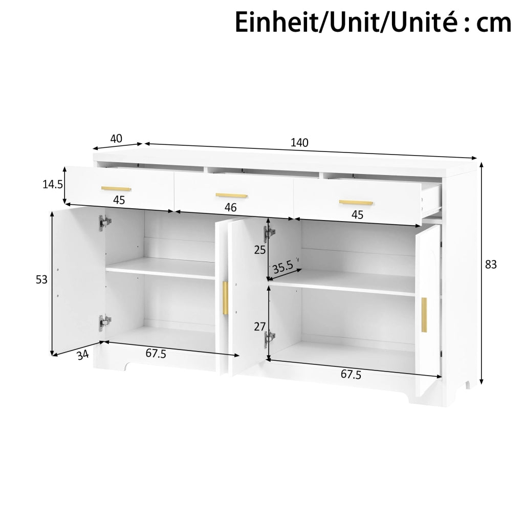 Madia 4 ante con rilievo ad arco; 3 cassetti; ripiani regolabili e maniglie dorate in MDF bianco 140 × 40 × 83 cm