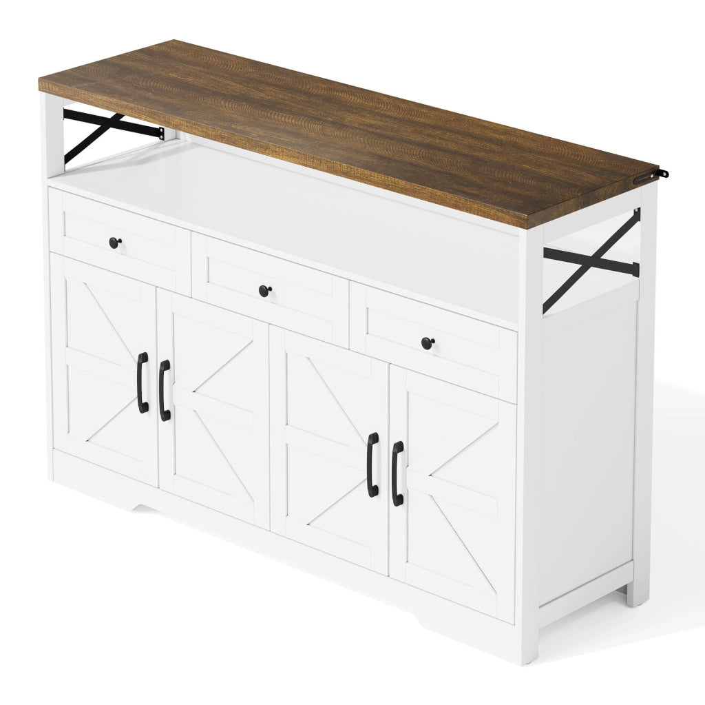 Buffet 140 cm con 3 cassetti; 2 ante e vano aperto; MDF; marrone e bianco
