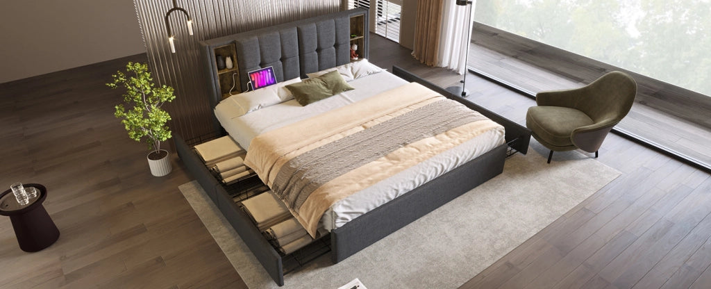 Letto Matrimoniale 160x200 cm con Ricarica Wireless USB-C, 4 Cassetti e Testiera in Lino Grigio Senza Materasso
