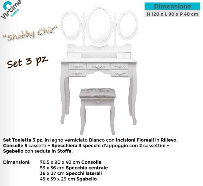 Toeletta Mobile Specchiera Petineuse con Sgabello Imbottito Bianco Cassetti