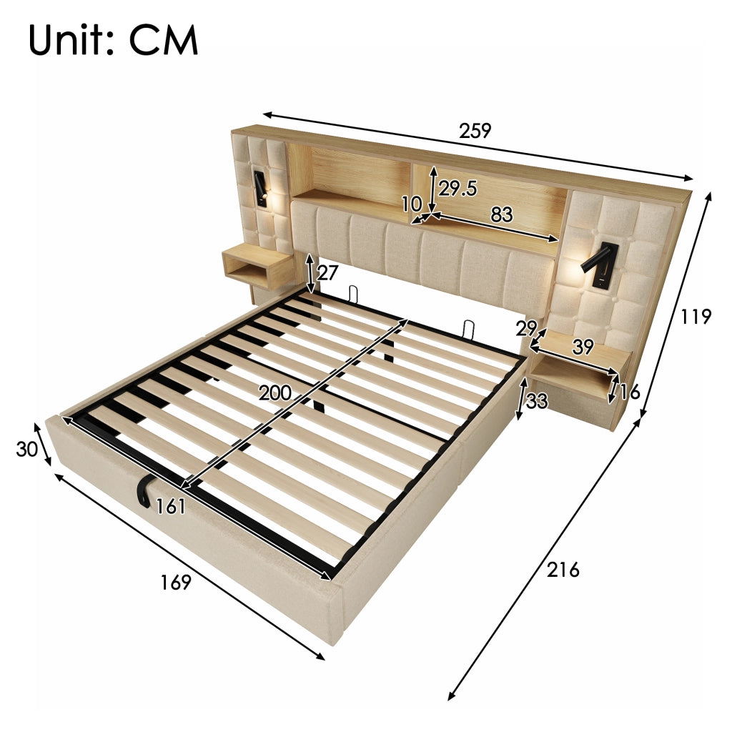 Letto contenitore matrimoniale 160 × 200 cm con LED; 2 lampade da lettura; USB e Type-C; senza materasso; beige