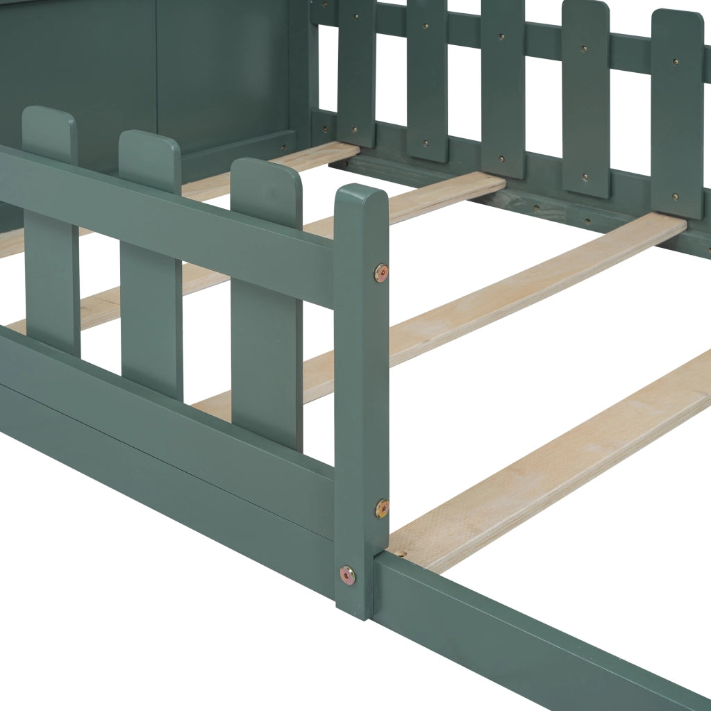 Letto a casetta 90 × 200 cm con 7 doghe struttura bassa in legno e MDF verde per cameretta