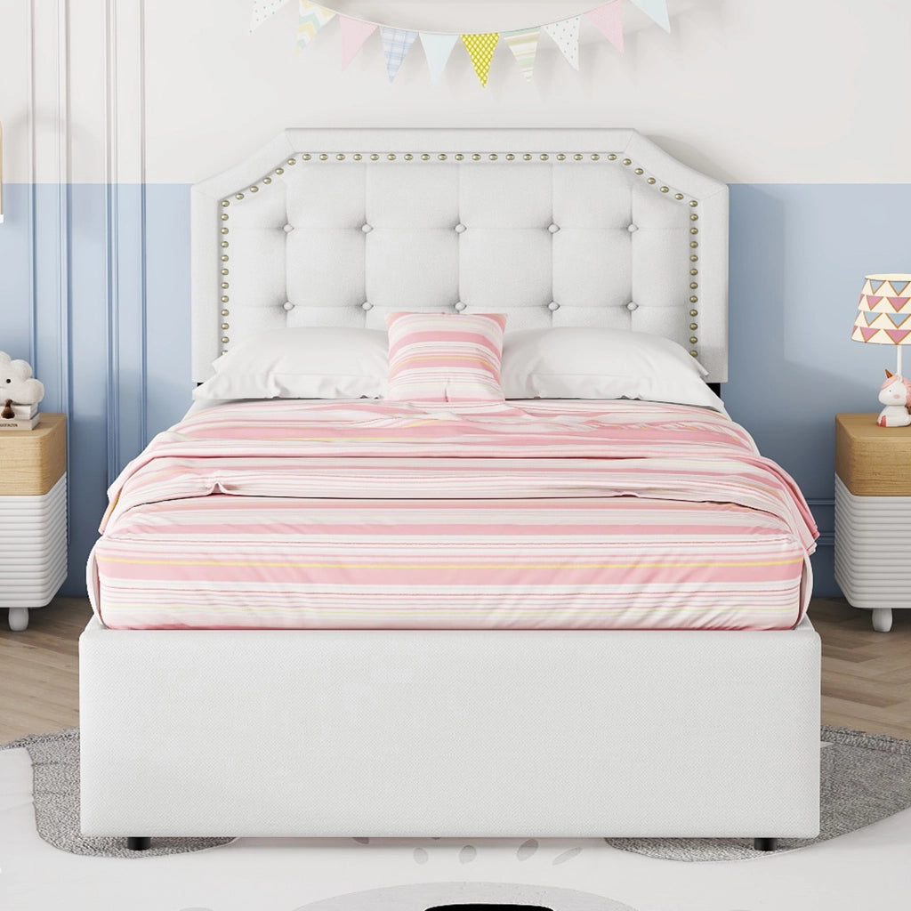 Letto imbottito 90x200 cm con 2 cassetti in MDF e tessuto beige chiaro