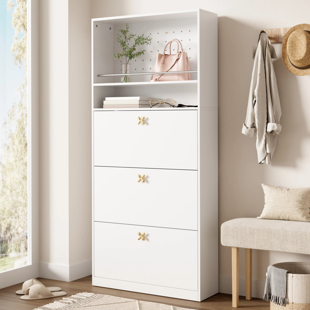 Scarpiera con vani a ribalta; ripiano aperto e pannello forato in truciolare bianco 80 × 24 × 178.5 cm