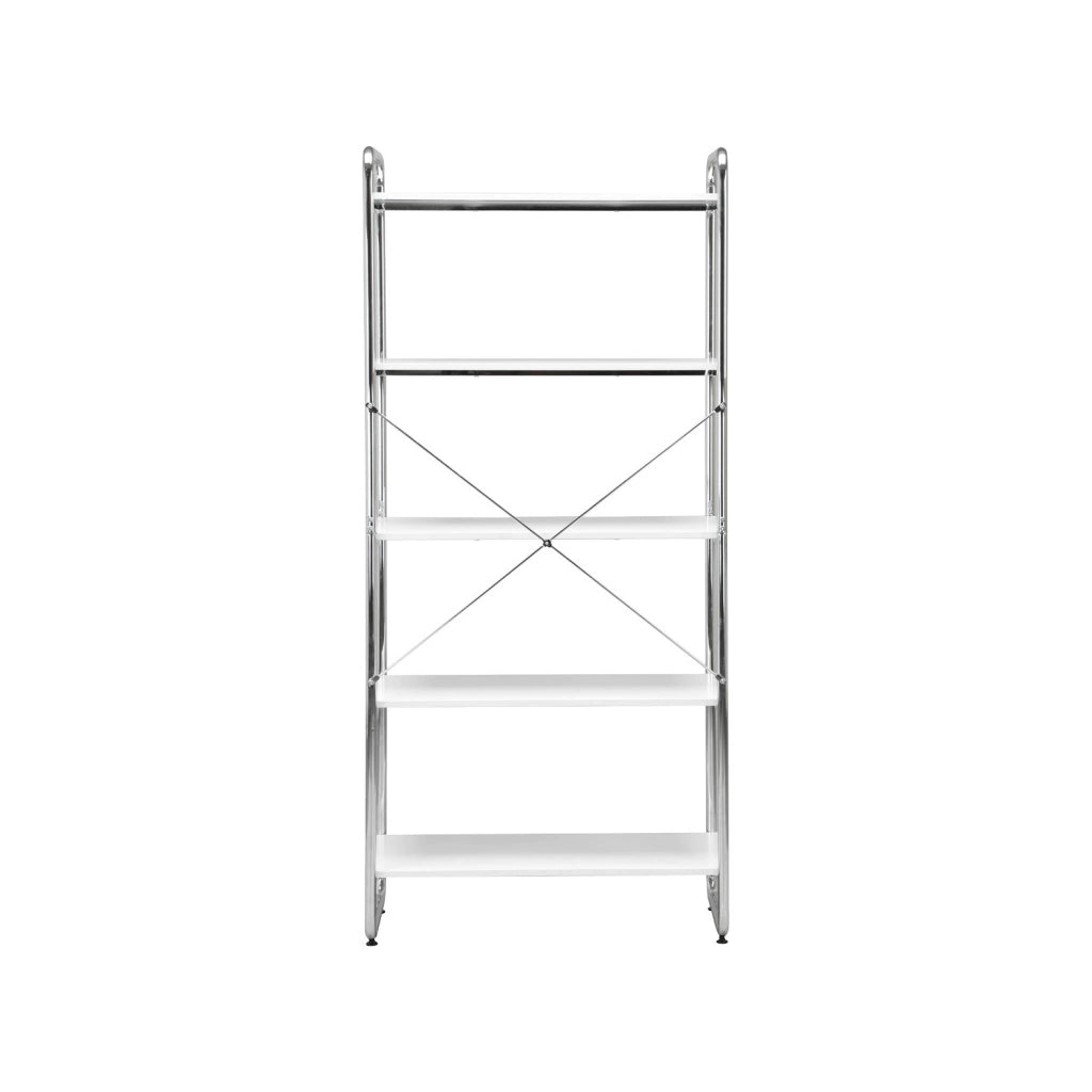 Scaffale libreria in metallo cromato ed effetto legno, 5 livelli,