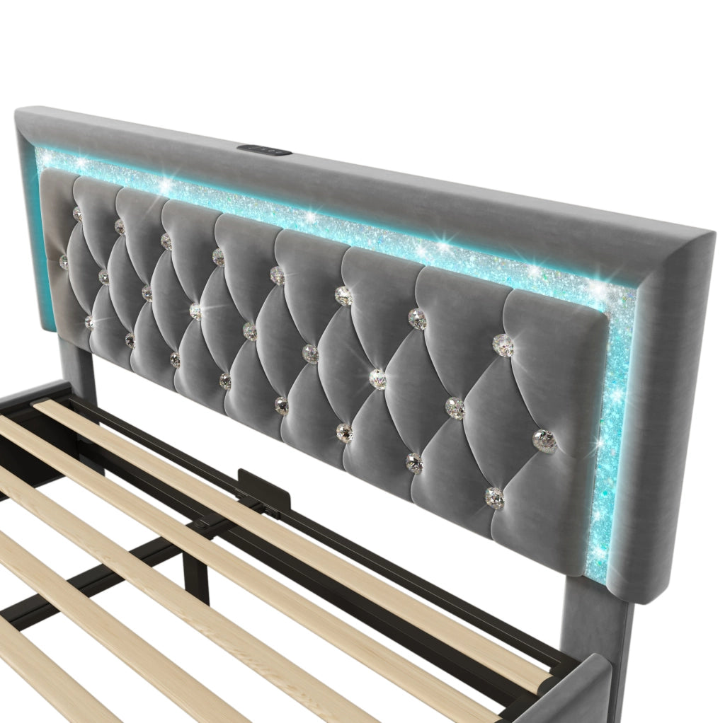 Letto matrimoniale imbottito con contenitore; LED; USB e Type-C; 140x200 cm; grigio