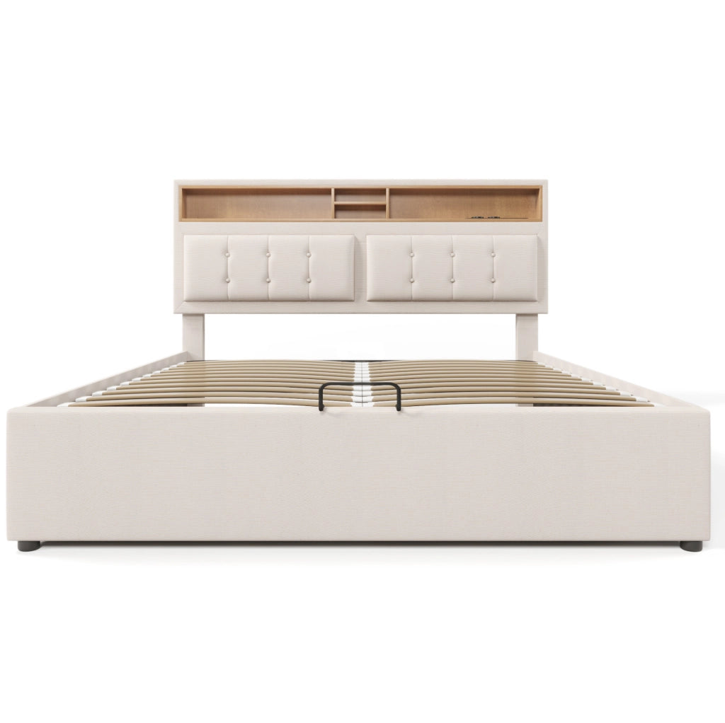 Letto imbottito 140x200 cm con contenitore, USB-C e prese, in lino beige