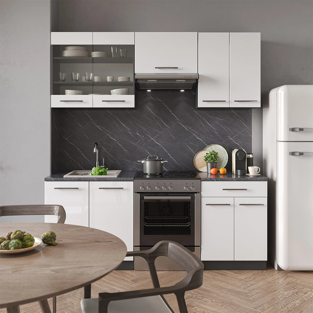 Cucina componibile Fame-Line Bianco lucido/Antracite 200 cm, PL Marmo Vicco