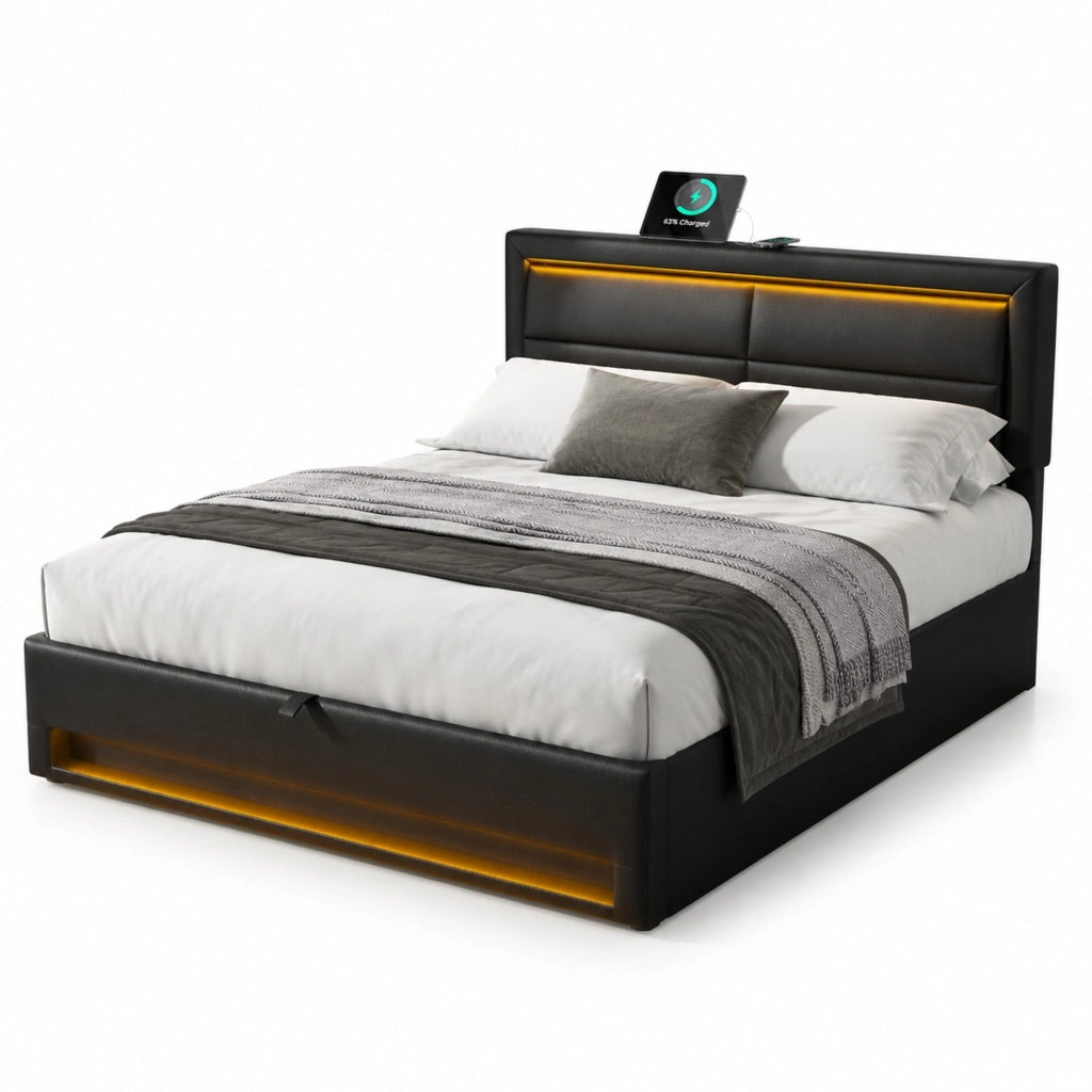 Letto imbottito 140x190 cm con LED, USB e ricarica wireless