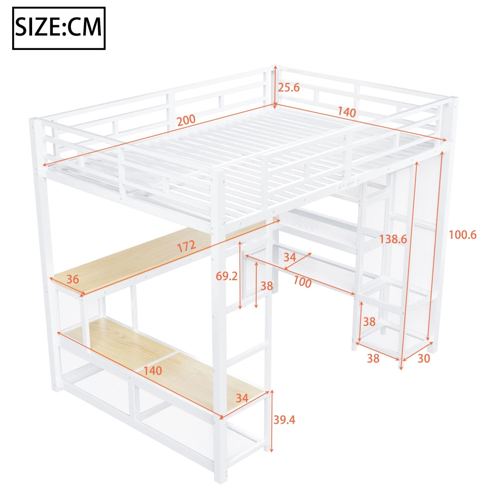 Letto a soppalco 140 × 200 cm con scrivania armadio aperto LED USB in metallo e MDF bianco
