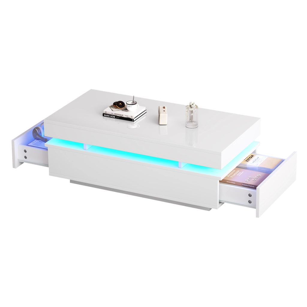 Tavolino da caffè LED con 2 cassetti e vani contenitore, superficie lucida, per soggiorno, 100 × 50 × 35 cm