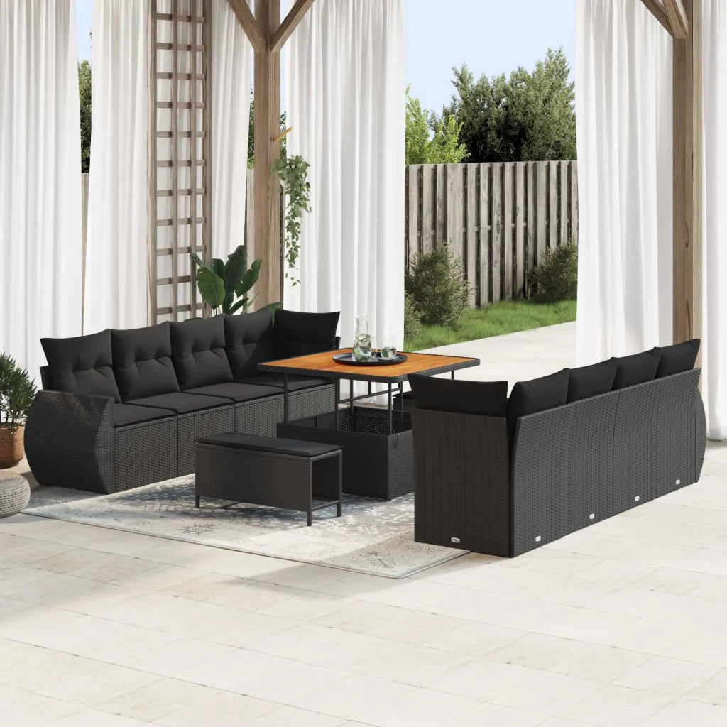 Set Divano da Giardino con cuscino 11 pcs Nero polyrattan