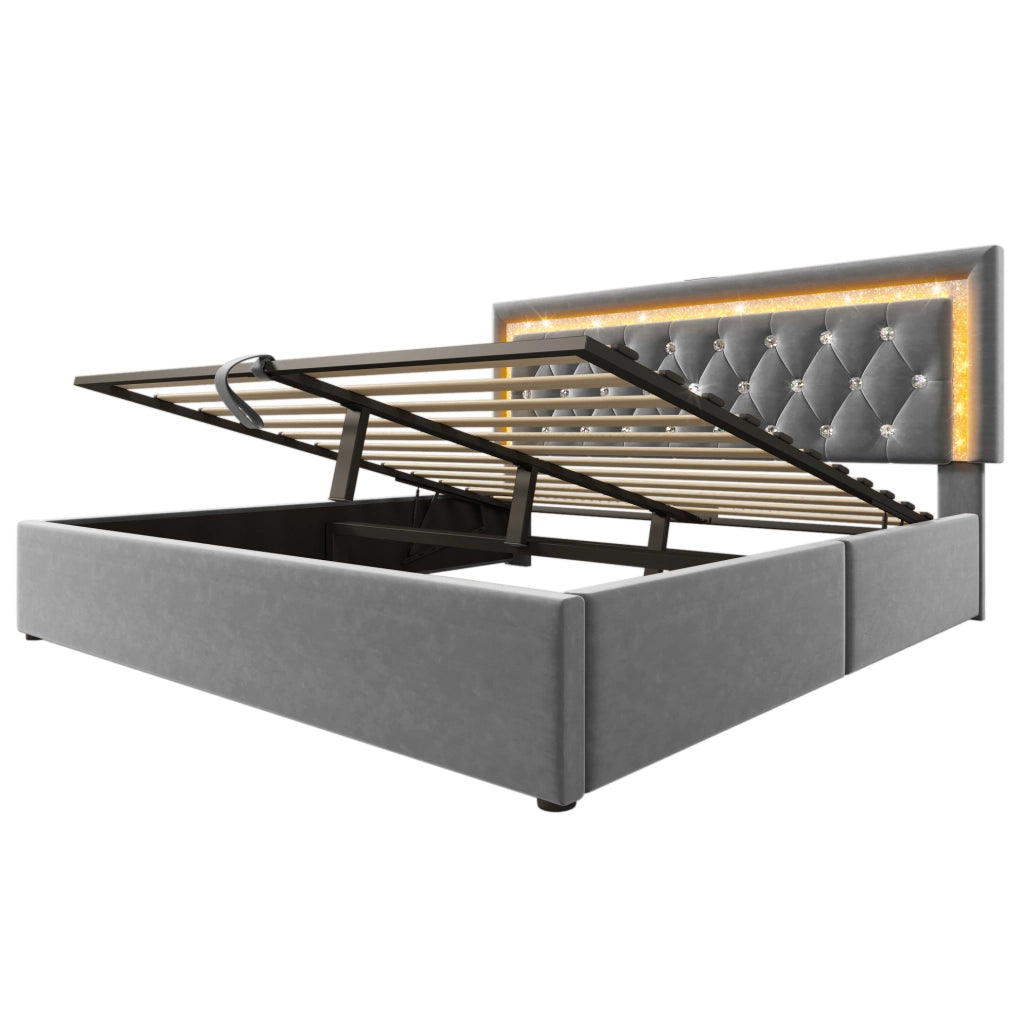 Letto matrimoniale 140x200 cm in velluto grigio con LED e contenitore