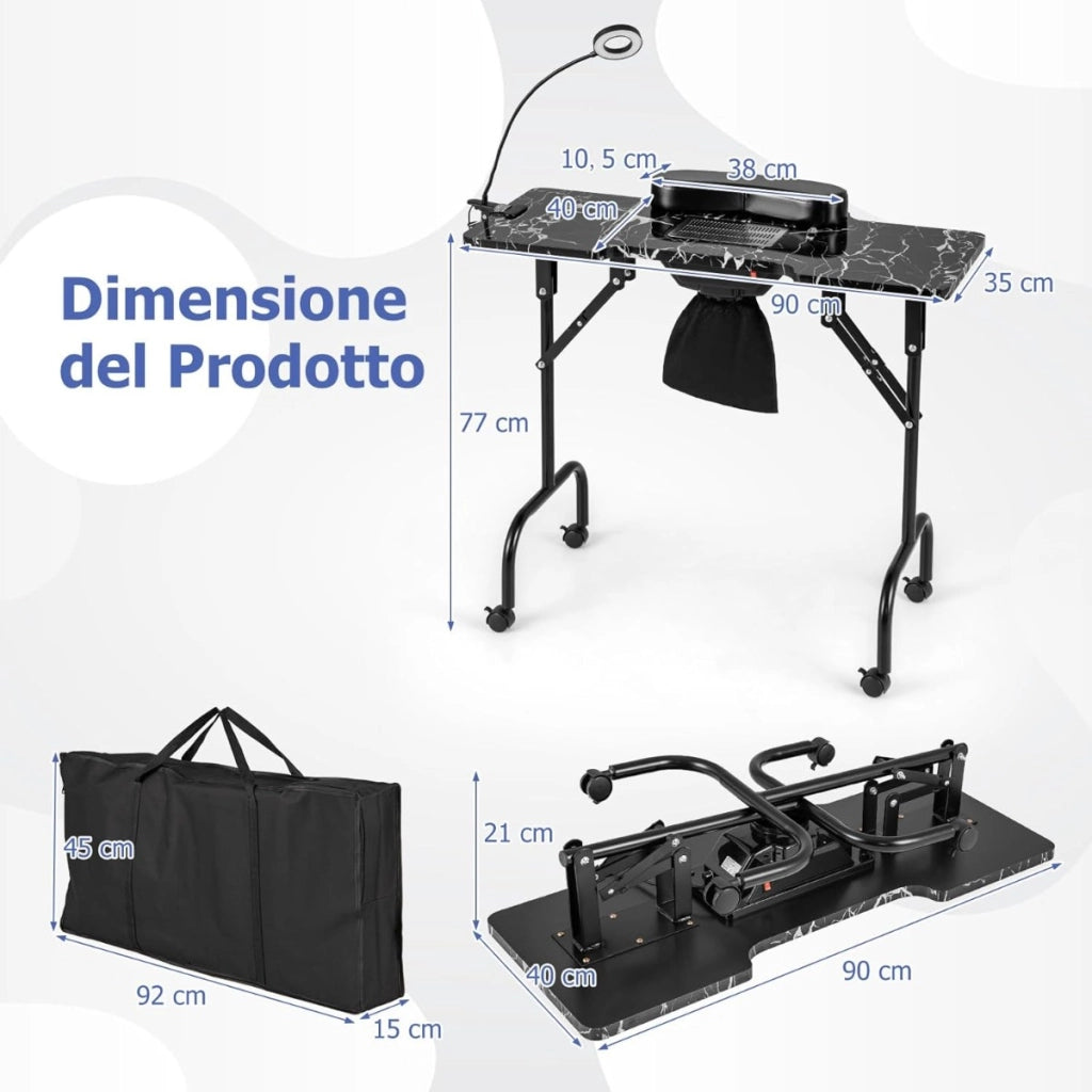 Tavolo manicure pieghevole con aspiratore elettrico e borsa da trasporto, Scrivania portatile unghie con luce led Nero-Scrivanie