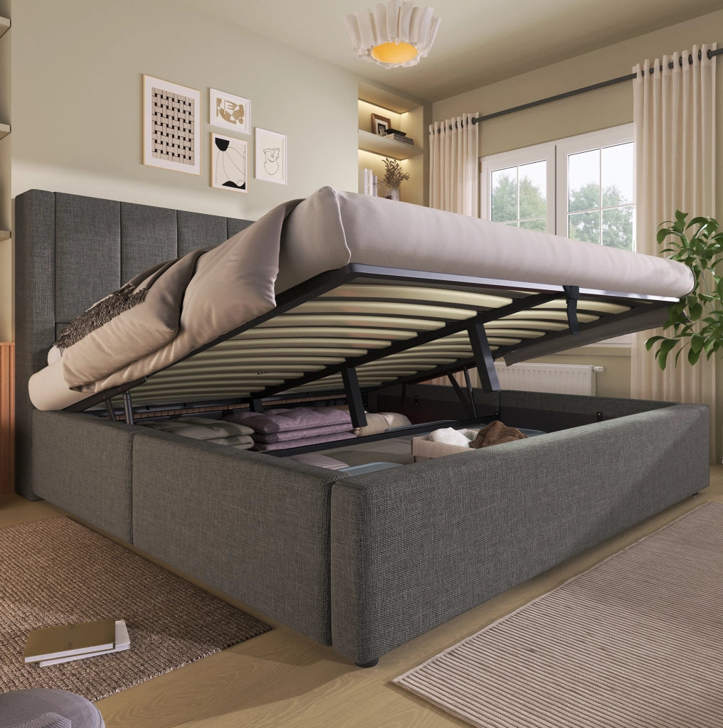 Letto matrimoniale 180x200 cm con contenitore, porta bevande nascosto e stazione di ricarica USB, struttura in lino grigio con rete inclusa (senza materasso)