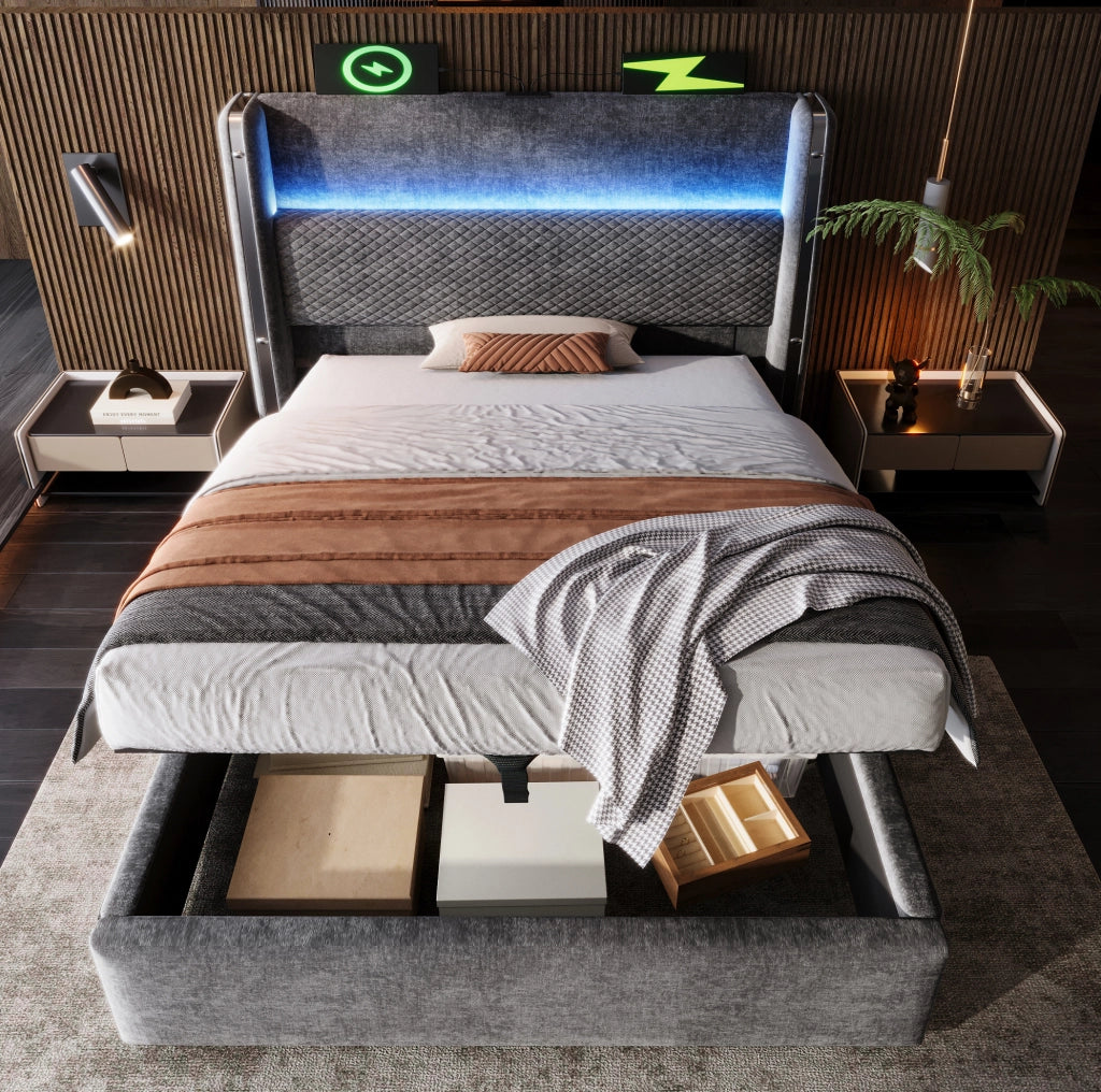 Letto singolo idraulico con testiera alta, LED e porte USB/Type-C
