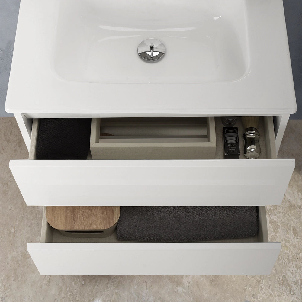 Mobile bagno sospeso 60cm in legno bianco lucido 2 cassettoni con lavabo Leda
