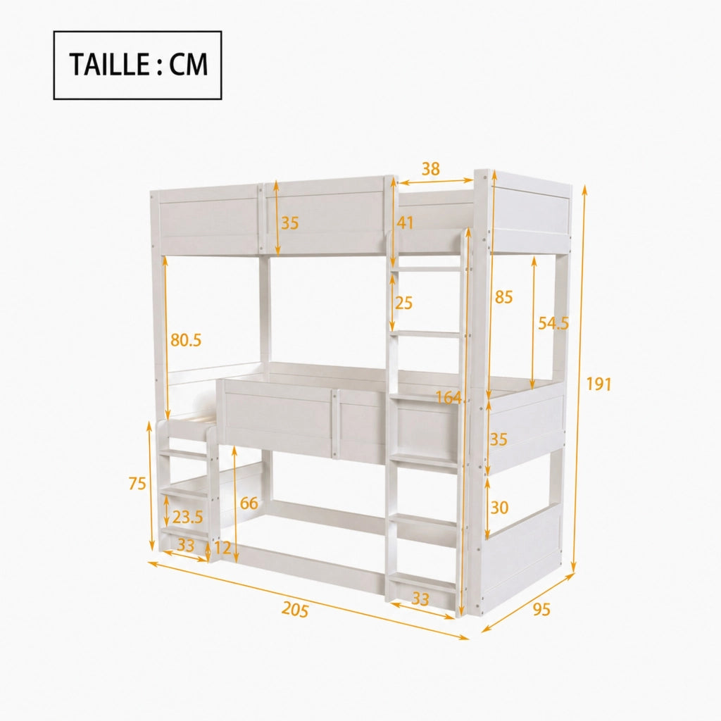 Letto a castello per bambini 90 × 200 cm trasformabile in legno bianco con sponde alte