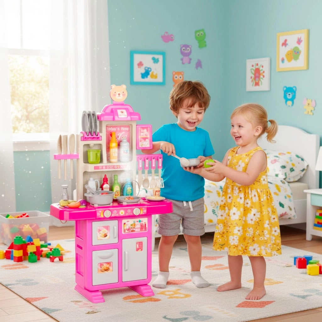 Cucina Giocattolo Per Bambini Con Effetti Luminosi E Suoni Realistici 69 Accessori Rubinetto Con Sistema Di Riciclo Dell'Acqua E Fornelli Per Bambini Dai 3-5 Anni Set Cucina Rosa E Bianco