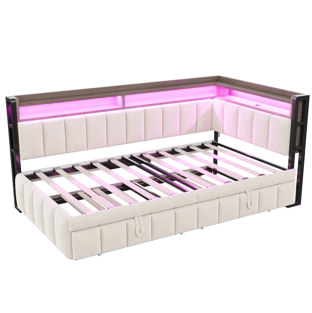 Divano letto estraibile 90x200 cm con LED, USB e USB-C in velluto beige