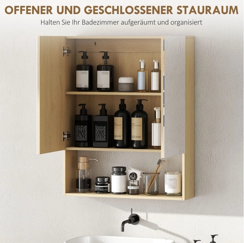 Armadio bagno con specchi doppi, ripiano aperto, montaggio a parete in MDF effetto quercia, 60x16,6x75 cm