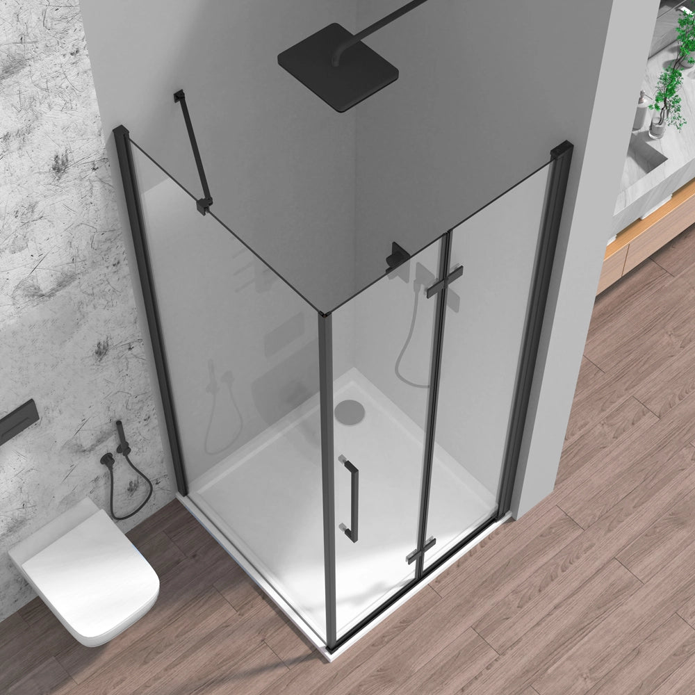 Box doccia angolare a soffietto 90x80 in vetro temperato trasparente con profili nero opaco Neos
