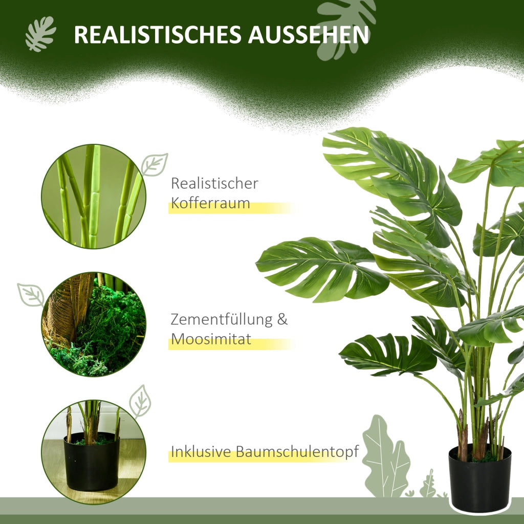 Pianta artificiale monstera 120 cm con vaso nero e muschio artificiale in plastica verde per interni ed esterni