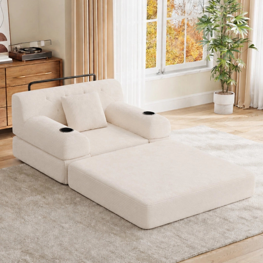 Divano letto 1 posto con schienale alto e tasche laterali in velluto a coste beige