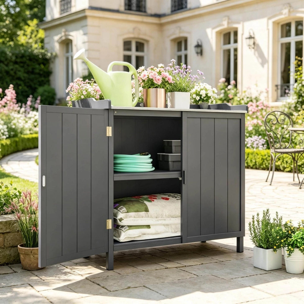 Armadio da giardino 98x48x95,5 cm in legno e metallo grigio –