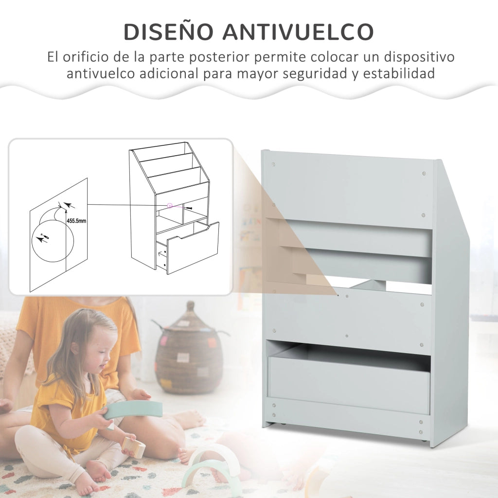 Libreria per Bambini con 3 Ripiani, 2 Cubi e Cassetto con Ruote ¨C Zephmum ¨C Grigio 60x30x90 cm