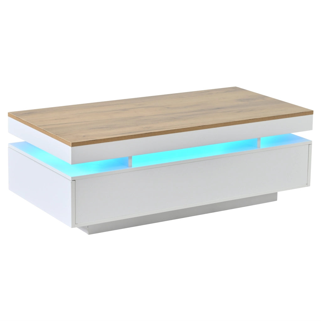 Tavolino da salotto con LED 100x50x35 cm componibile 2 cassetti legno e bianco