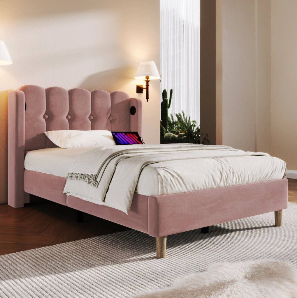 Letto imbottito singolo 90x200 cm in velluto rosa con USB e Type-C