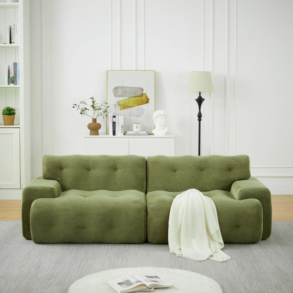 Divano modulare 2 posti in ciniglia con braccioli ampi bottoni verde 224 × 104 × 66 cm