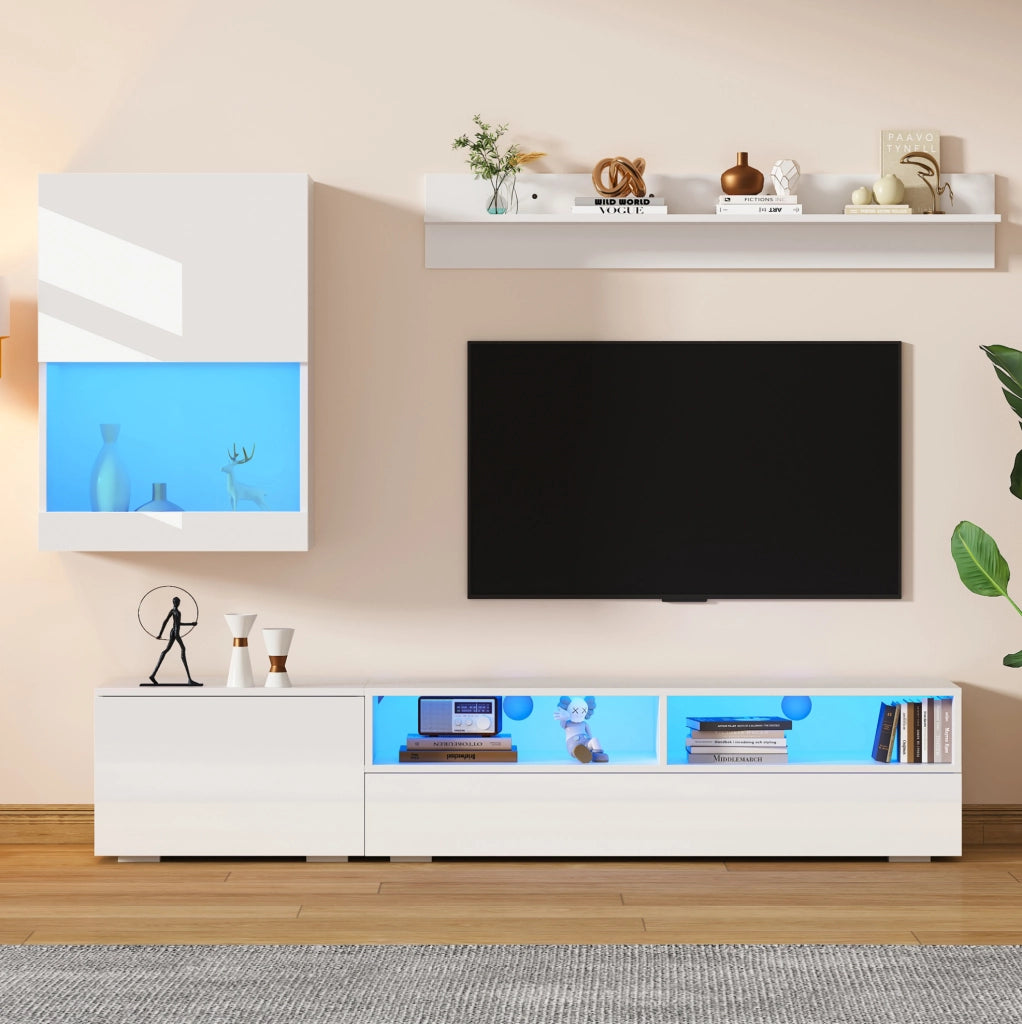 Set soggiorno TV a 3 pezzi bianco con LED, finitura lucida, 175x39x34 cm, installazione a parete o a terra