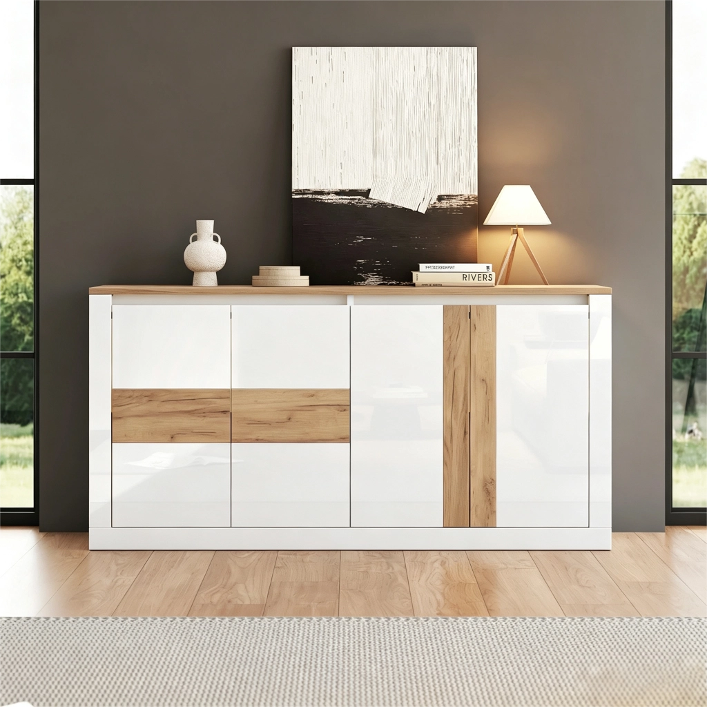Credenza Bianca Lucida 140 cm con LED RGB; Mobile Soggiorno 4 Ante in MDF; Finitura Rovere