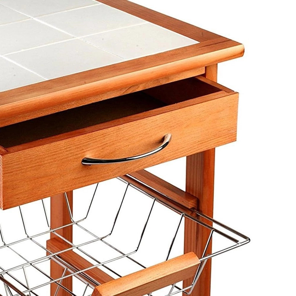 Carrello Cucina Legno Ciliegio 3 Cestelli Acciaio e Piano Ceramica Salvaspazio