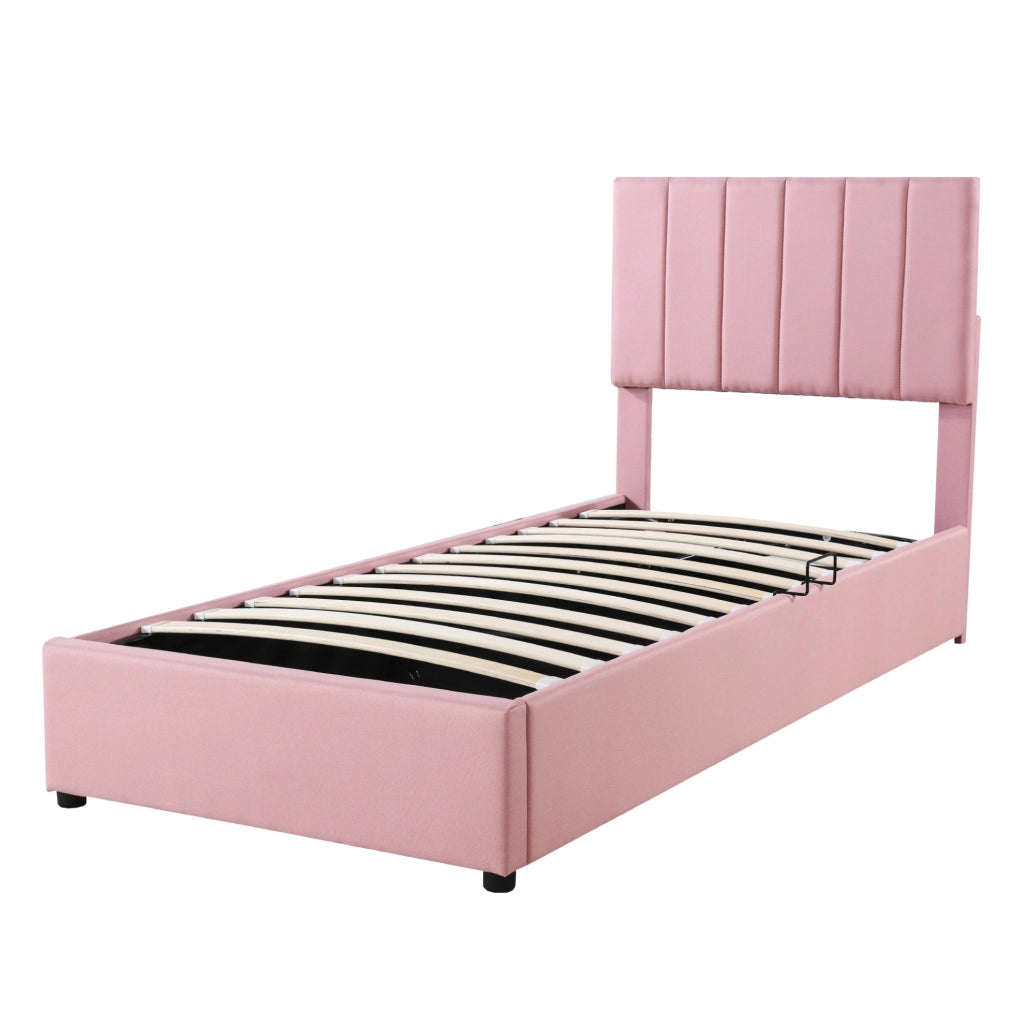 Letto imbottito singolo rosa 90x200 cm con contenitore idraulico