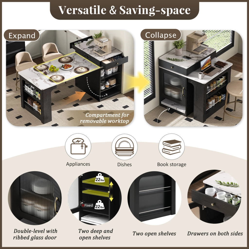 Tavolo allungabile con prese integrate; contenitore e ripiani regolabili bianco e nero 80 × 71–111–151 × 92 cm