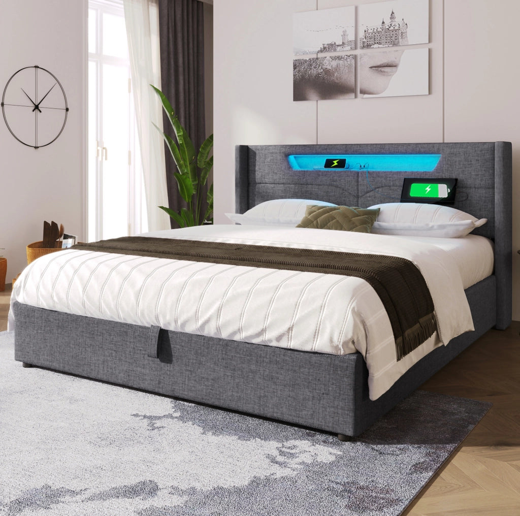 Letto matrimoniale contenitore 160x200 cm con LED; USB e Type-C in lino grigio HOMVRA
