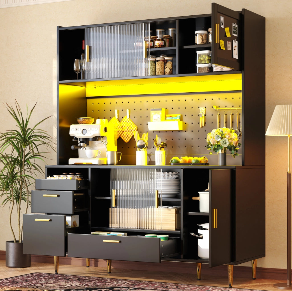 Credenza buffet da cucina 140x40x180 cm con LED, ante scorrevoli in vetro e pannello forato nera HAVRYA
