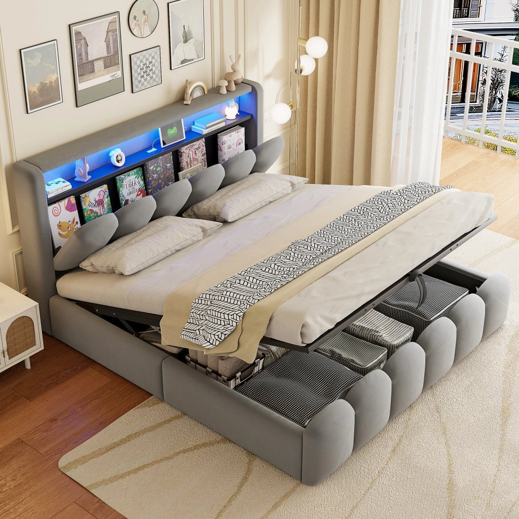 Letto matrimoniale imbottito 180 × 200 cm con contenitore idraulico LED USB e Type-C in velluto grigio