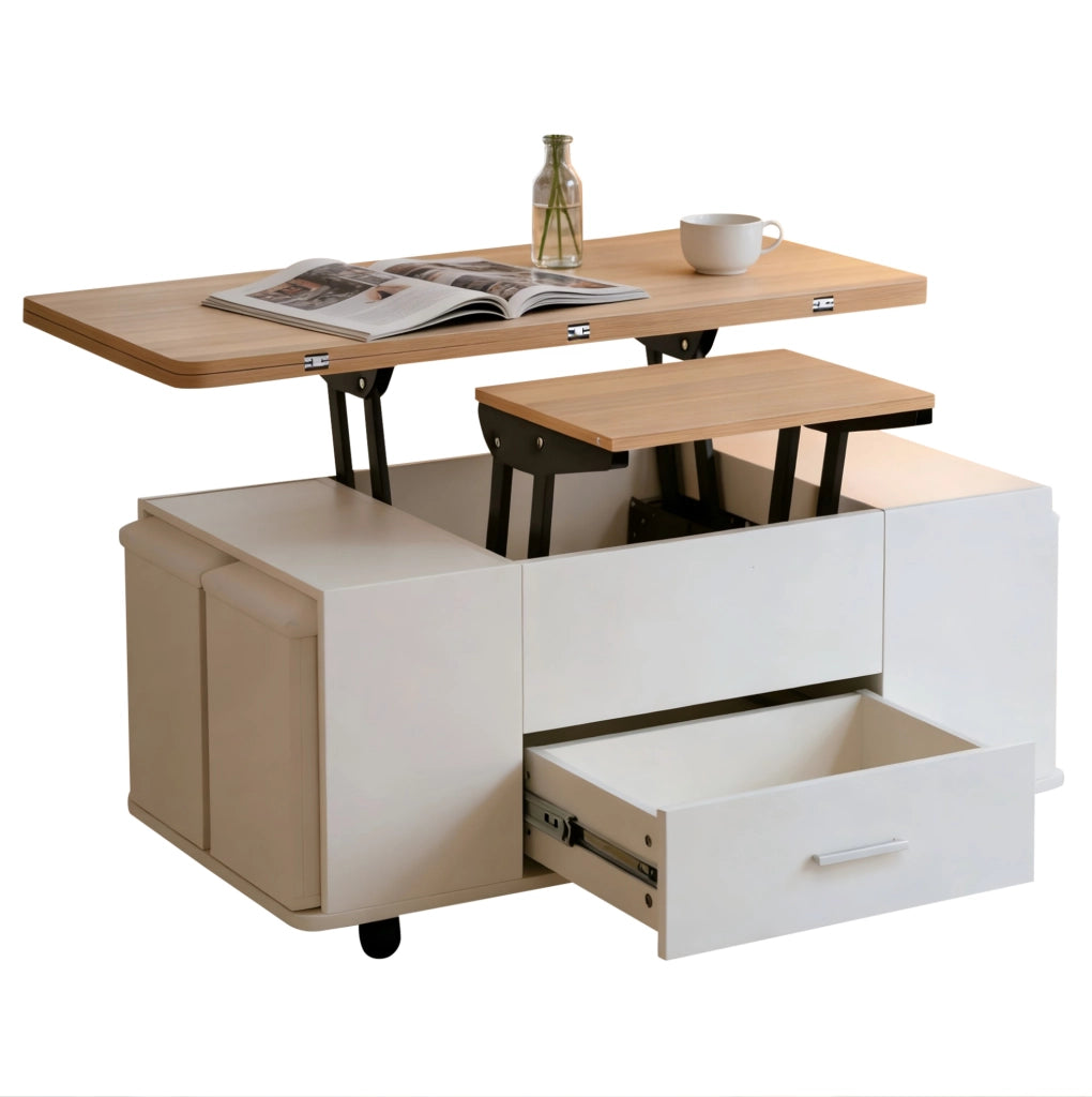 Tavolino trasformabile 100 x 50 x 45 cm bianco e legno, 4 sgabelli