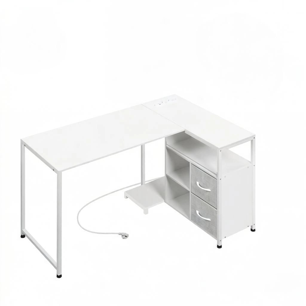 Scrivania angolare reversibile con 2 prese USB-A e USB-C; 3 ripiani e 2 cassetti bianca 80 × 120 × 75 cm