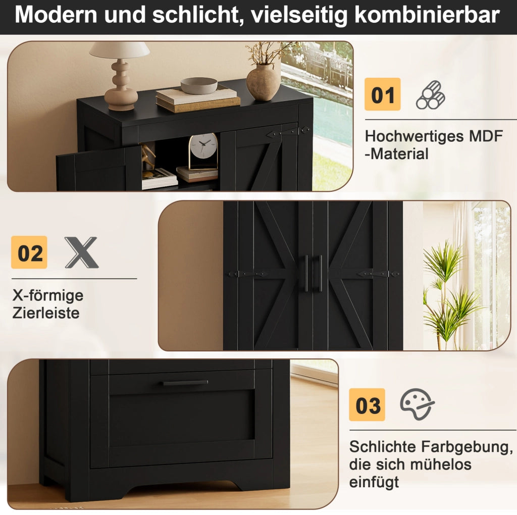 Credenza alta nera in MDF e PB con 2 cassetti e ripiani regolabili