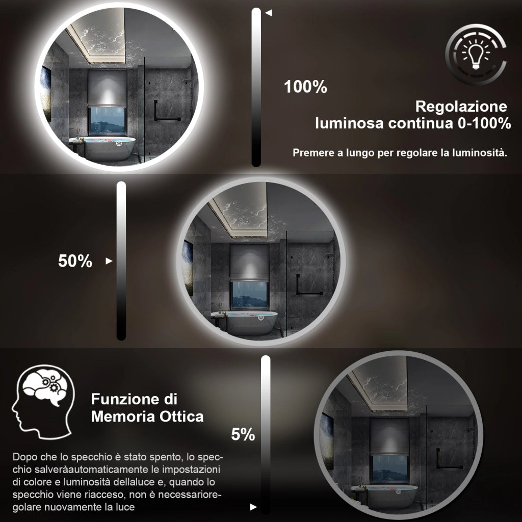 specchio 60 cm rotondo con luce led antiappannamento e touch