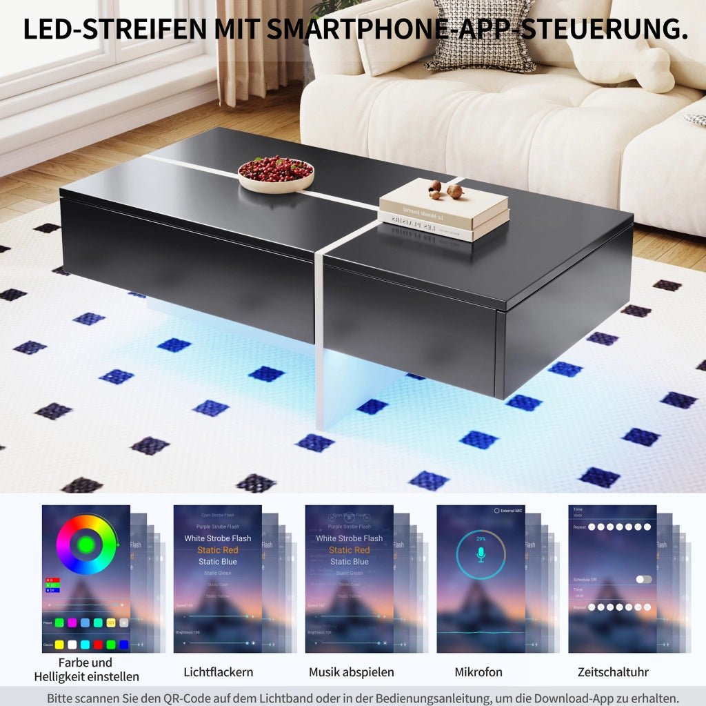Tavolino da caffè nero e bianco a effetto lucido con illuminazione LED controllata via app, 100x50x34,5 cm