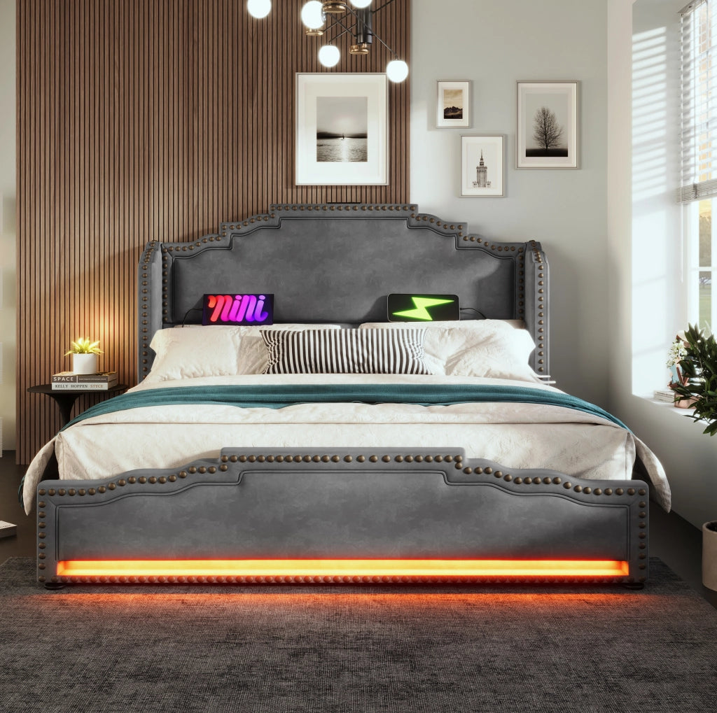 Letto matrimoniale con LED, USB-C e 4 cassetti