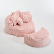 Poltrona con pouf rotonda con cinque cuscini e schienale avvolgente, per soggiorno e camera, in cheniglia rosa